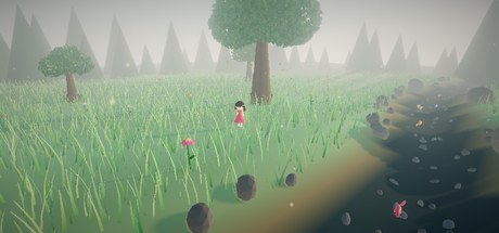 Forest Stroll — a girl in a red dress in a sunlit clearing by a creek