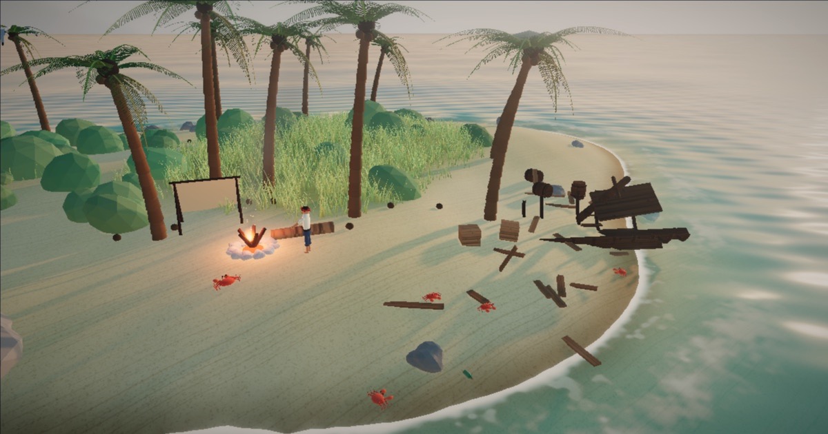 Island Shore — a castaway by a campfire on a 3D desert island beach with a shipwreck and palm trees