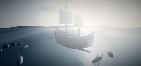 Storm Ahead — a tall ship on a storm swell with sharks circling